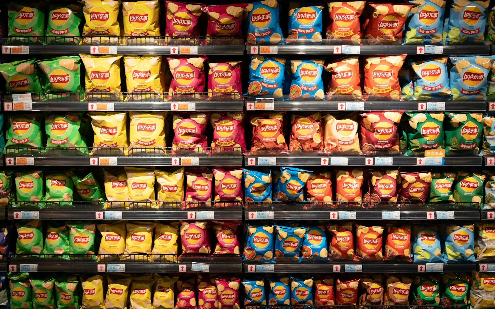 Wall of snack bags on a retail display